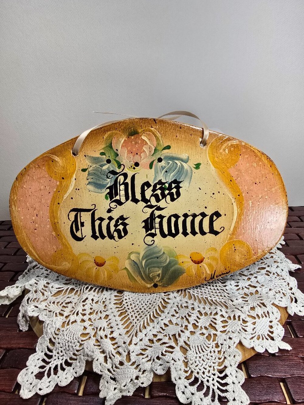 Hand-Painted "Bless This Home" Wooden Oval Signed Plaque
